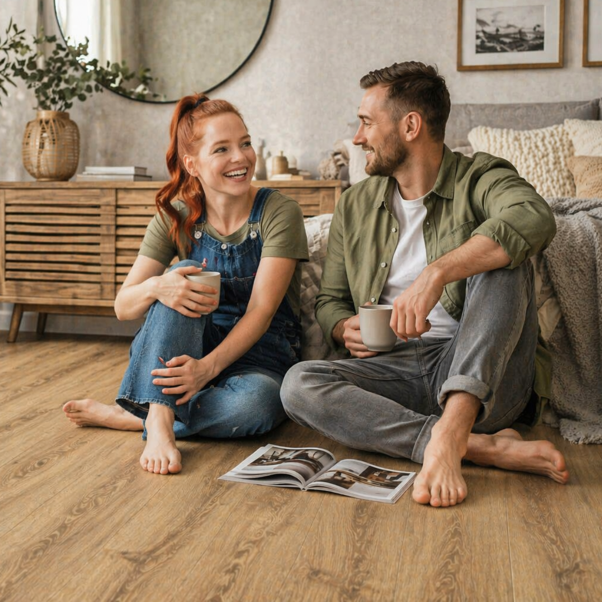 Junge Frau in Latzhose kniet auf dem Boden und hält lächelnd ein helles Laminatbrett in einem renovierungsbedürftigen Raum